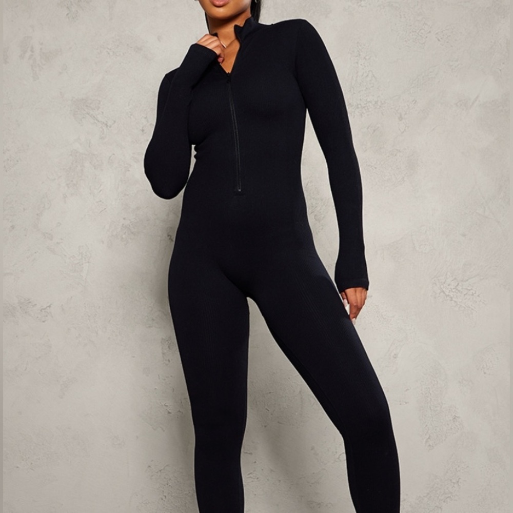 Black Structured Snatched Ribbed Jumpsuit